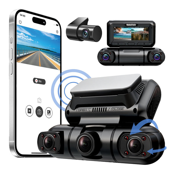 Black quad-channel dash cam with front, rear, left, and right cameras