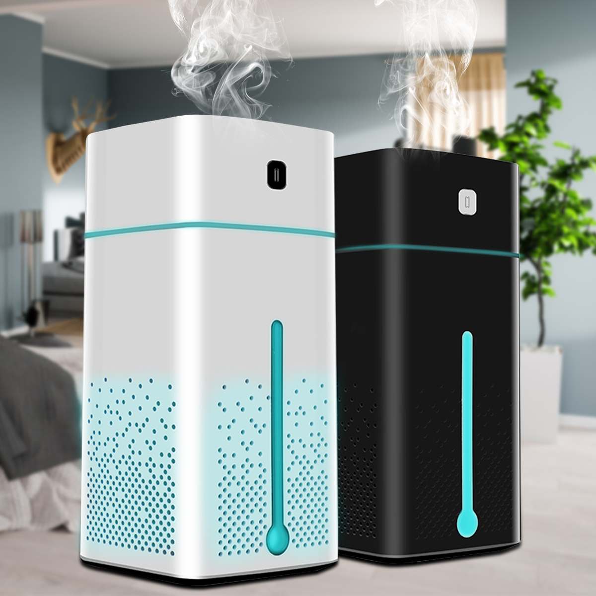Desktop humidifier set in white and black tower design with mist outlet