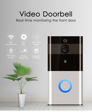 Two-tone video doorbell with camera lens and blue ring button for wireless intercom