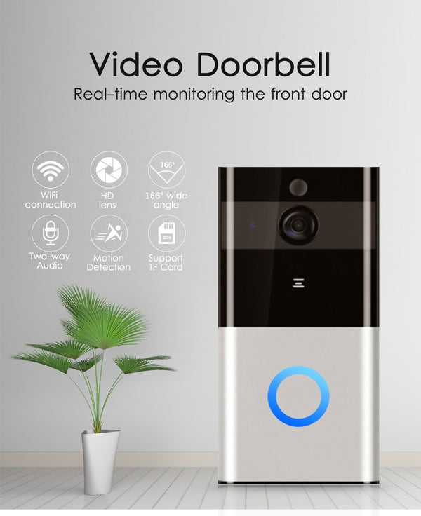 Two-tone video doorbell with camera lens and blue ring button for wireless intercom