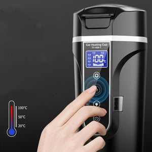 Black insulated car heating cup with touchscreen control and digital temperature display