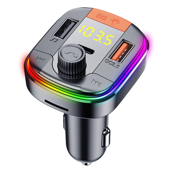 Black car MP3 Bluetooth player charger with LED display, dial, USB and Type-C ports