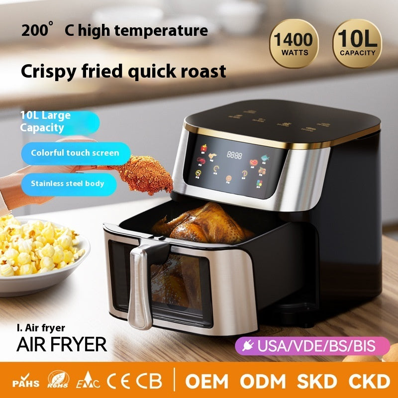 10L air fryer with stainless-steel body, black basket, and color touch control panel