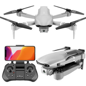 Grey folding quadcopter drone with front camera, propellers, remote controller and phone