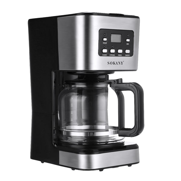 Automatic drip coffee maker, stainless steel body with black glass carafe