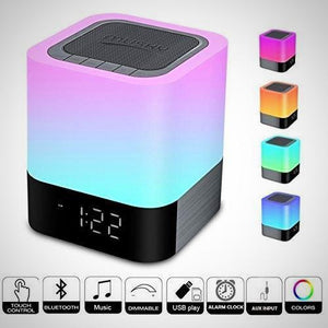 Bluetooth speaker cube with gradient LED light and top speaker grille, front digital display