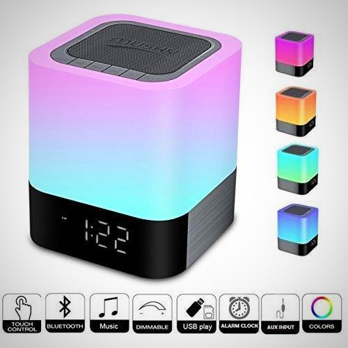 Bluetooth speaker cube with gradient LED light and top speaker grille, front digital display