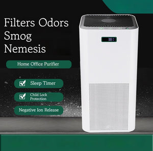 Air purifier with top fan grille and front LED display, white housing