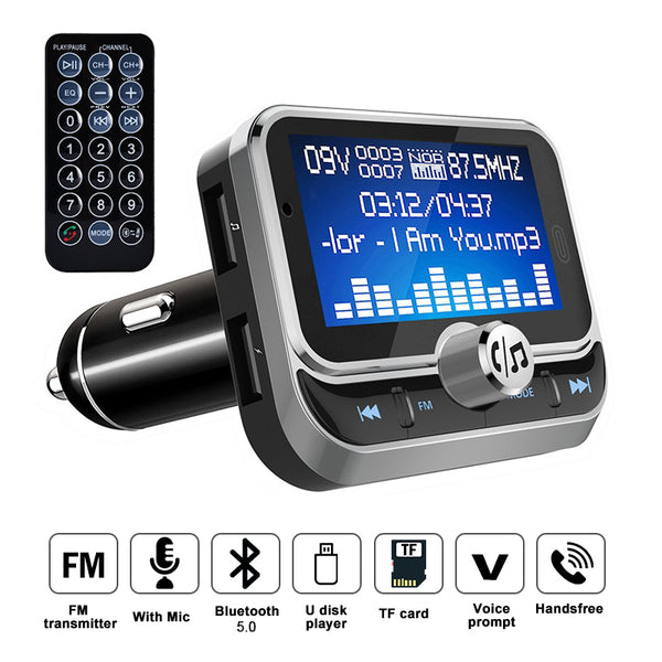 Silver car MP3 player with blue LCD screen, FM dial and mode controls