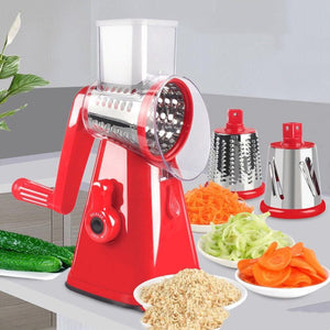 Red hand drum vegetable cutter slicer with clear hopper and stainless drum